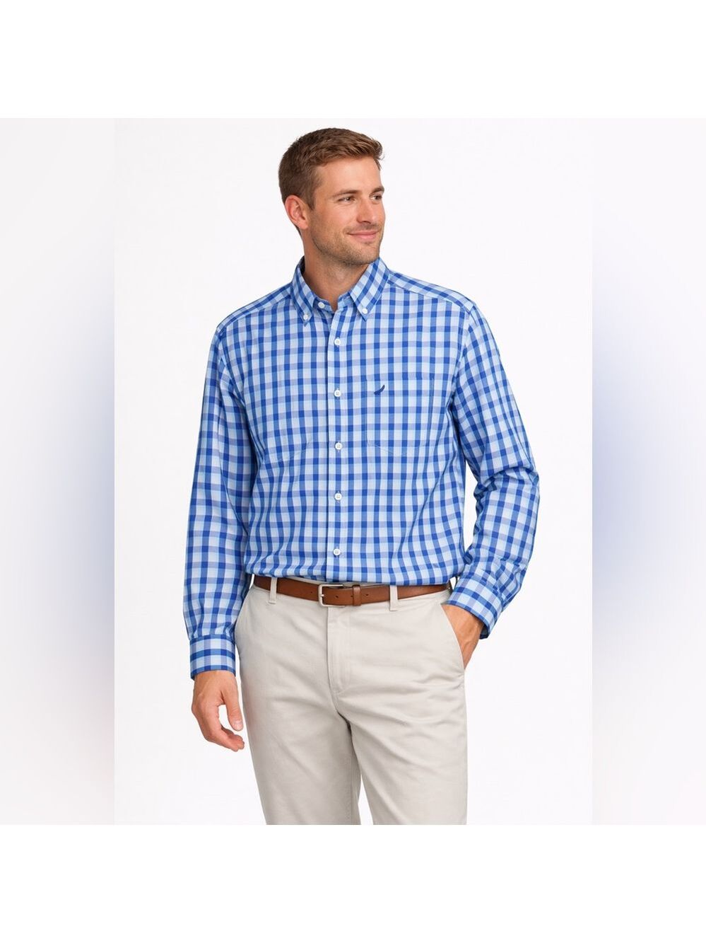 Nautica Men’s Button Down Shirt L Blue White Plaid 100% Cotton
